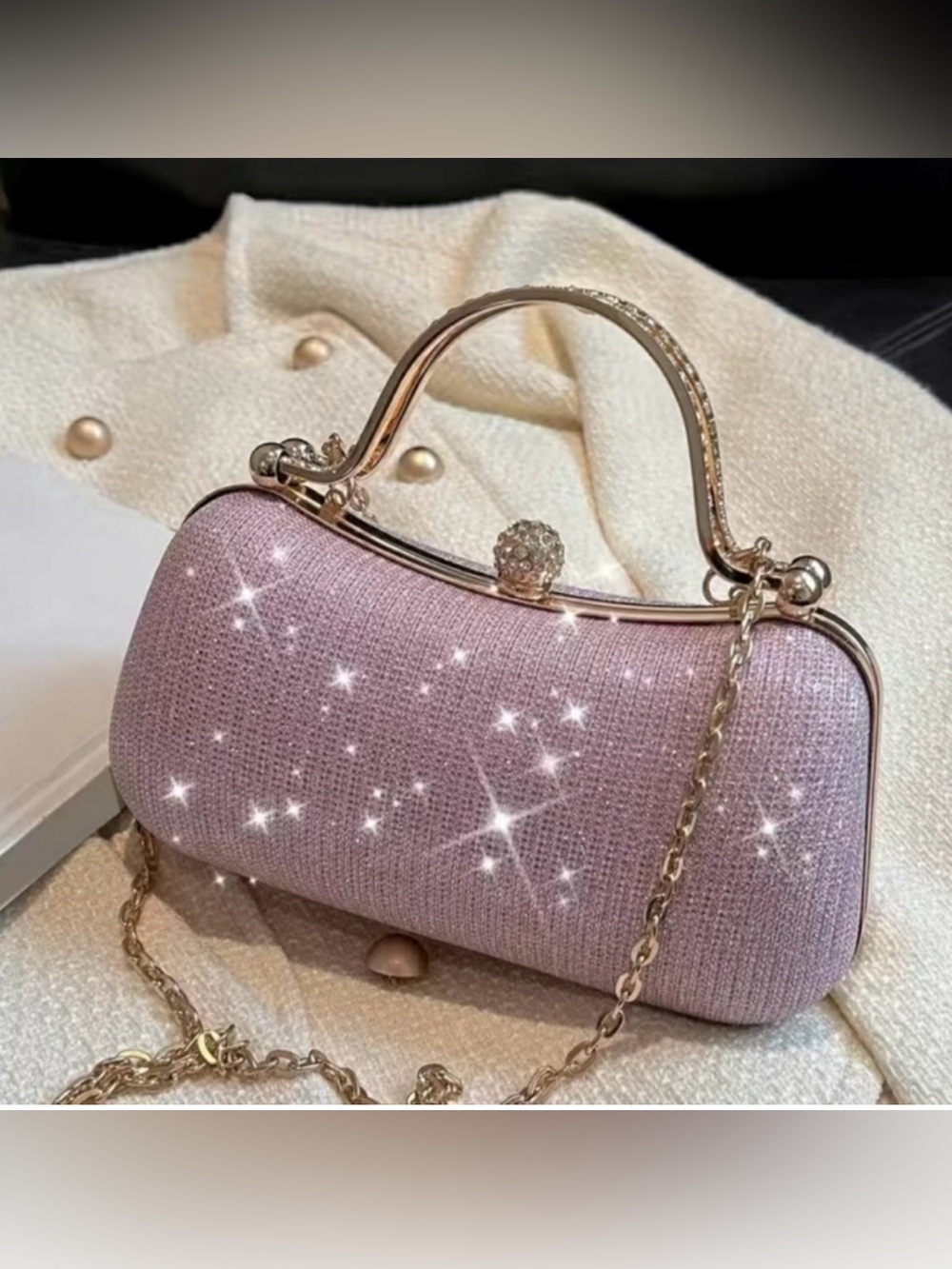 Elegant Glitter Evening Bag in Light Lavender Pink with Gold Hardware